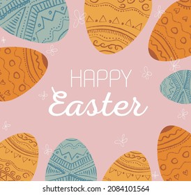 Vector cute illustration of delicate flowers with the inscription Happy Easter on a pink background Easter eggs with a pattern. Postcard. Poster