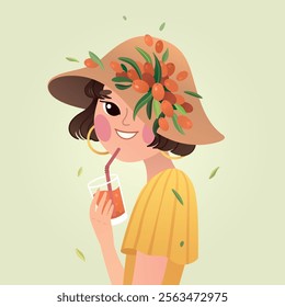 Vector cute illustration with drinking happy girl, lemonade, sea ​​buckthorn berries and leaves