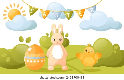 Vector cute illustration of an Easter egg hunt, with cute bunnies, chicks, Easter attributes, ribbon text and decorations. Suitable for Easter banners, invitations, cards, flyers.