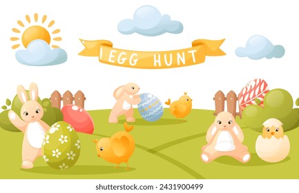 Ilustración linda del vector de una caza del huevo de Pascua, con conejitos lindos, pollitos, atributos de Pascua, texto de cinta y decoraciones. Adecuado para banners de Pascua, invitaciones, tarjetas, volantes.