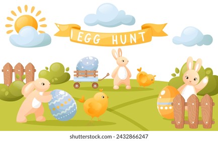 Vector cute illustration of an Easter egg hunt, with cute bunnies, chicks, Easter attributes, ribbon text and decorations. Suitable for Easter banners, invitations, cards, flyers.
