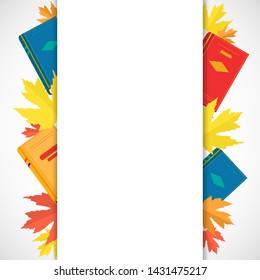 Vector cute illustration of education template with copy space. Back to School banner with colorful books, autumn leaves and place for text, quote, sale, offer, design, card, celebration.