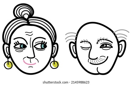 Vector cute illustration of elderly woman and man looking at each other with sympaphy. Isolated on white background.