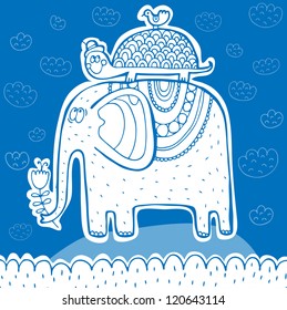 Vector cute illustration with elephant, tortilla and bird