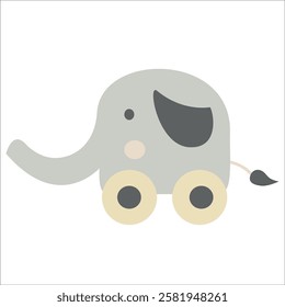 Vector cute illustration of elephant toy on wheels. Children's toy isolated on white background 