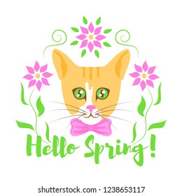 Vector cute illustration with face of ginger cat with pink bow tie in the floral frame isolated on the white background. Text Hello Spring.