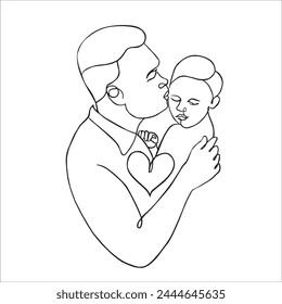 Vector cute illustration of father and baby. Black and white linear art, drawing on a white background.	