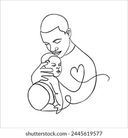 Vector cute illustration of father and baby. Black and white linear art, drawing on a white background.	