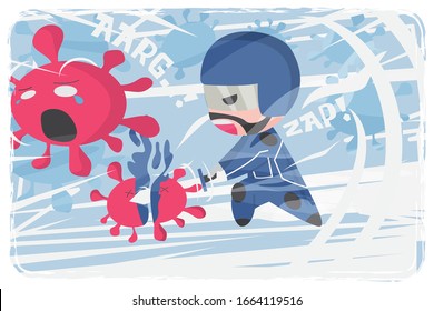 Vector cute illustration fight covid-19 corona virus. cure corona virus. people fight virus concept. corona viruses vaccine concept. end of 2019-ncov. don't be afraid of the corona virus concept.