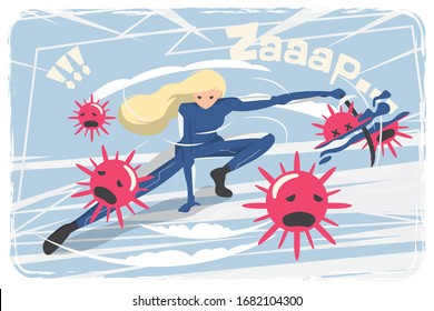 Vector cute illustration fight covid-19 corona virus. cure corona virus. people fight virus concept. corona viruses vaccine concept. end of 2019. don't be afraid of the corona virus concept.