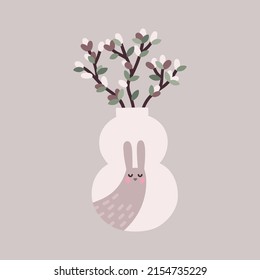 Vector cute illustration with flat simple easter bunny vase, spring tree branches and pastel colors