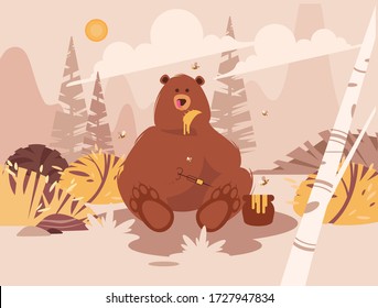 
Vector cute illustration in a flat style. A bear sits in the forest, eats honey, in the mountains. Nearby are trees, bushes, a clay pot with honey, and bees fly.Light, beige,brown,light yellow Colors