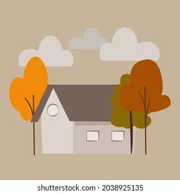 Ilustración vectorial linda en estilo plano con la casa, los árboles de otoño y las nubes grises claras.