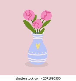 Ilustración vectorial linda con flores en un jarrón azul