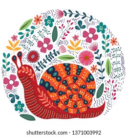 Vector cute illustration of folk snail and flowers on a white background. Beautiful snail clip-art for your design.