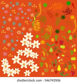 Vector cute illustration for four seasons decorated with colorful most recognizable elements. Decoration for show rooms, wallpaper, printed goods, sceneries, textile.