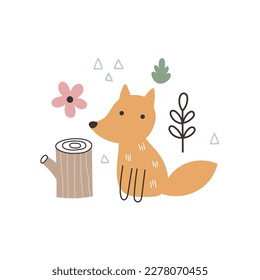 vector cute illustration with a fox, adorable design for children