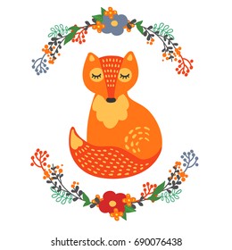 Vector cute illustration with a fox and a wreath of flowers.