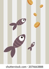 Vector cute illustration with funny fish and pirate treasure coinsbackground