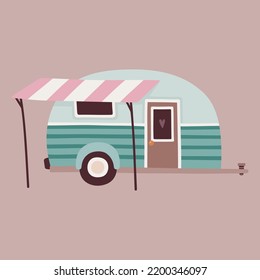 Vector cute illustration with funny trailer for camping and pastel colors