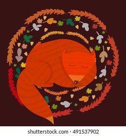 Vector cute illustration of a ginger fox cub sleeping in an autumn wreath on a brown background. Cute image for children goods and printed production, design element for autumn and animal themes.