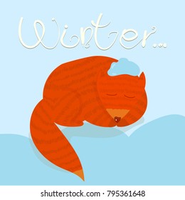 Vector cute illustration with a ginger fox taking a nap in snow augmented with a curly funny inscription. Animal and children themes, design element, image for printed goods and books, winter theme.