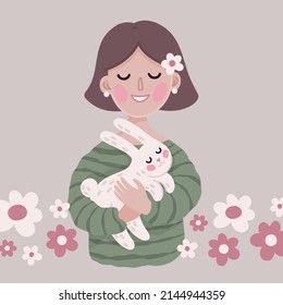 Vector cute illustration with girl, bunny, flowers and pastel colors 
