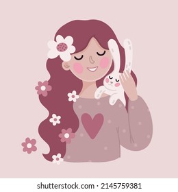 Vector cute illustration with girl, bunny, flowers and pastel colors 