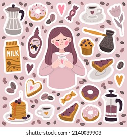 Vector cute illustration with girl,coffee, sweet food and coffee accessories