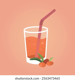 Vector cute illustration with glass af the berry lemonade, sea ​​buckthorn berries, 
straw and leaves