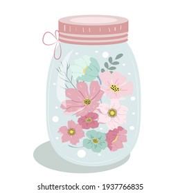 vector cute illustration of a glass jar filled with flowers. flat trendy illustration on the theme of floristry, spring, summer, flowers, wedding. picture for web, apps, greeting cards, magazines