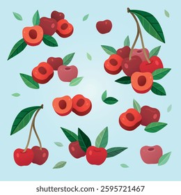 Vector cute illustration with groups of the cherry different sizes, berries and leaves 