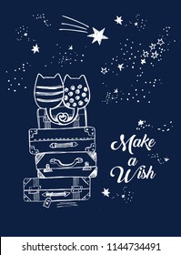 Vector cute illustration of hand drawn loving cats sitting on old suitcases and looking at night sky with falling stars, lettering make a wish, hand drawn with pen, stack of travel bags. fall in love