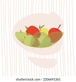 Ilustración vectorial linda. Mano dibujó manzanas rojas y verdes en un jarrón con fondo rayado. Para revistas, libros, menús, etc.