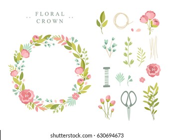 Vector cute illustration. Hand made. Make your own crown. Material for creativity. Green plants, wreath, flower crown, frame, botany, leaves, flowers, elements, set. 