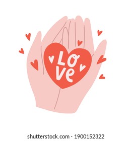 Vector cute illustration with hands holding big heart. Beautiful concept of love and romantic feelings. Valentines day romantic design. Flying hearts and love is in the air. For cards, poster, blog