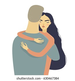 Vector cute illustration. Happy couple on a date. Man and woman hugging. Love and relationships illustration for your design. woman's happiness