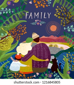 Vector cute illustration of a happy family on nature in the evening at sunset or at night; mother, father and child embrace and enjoy the beautiful summer, autumn and spring landscape