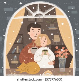 Vector cute illustration of a happy family or couple in love drinking hot coffee or tea near the window with a pet. Winter card for new year, christmas or valentines day
 
