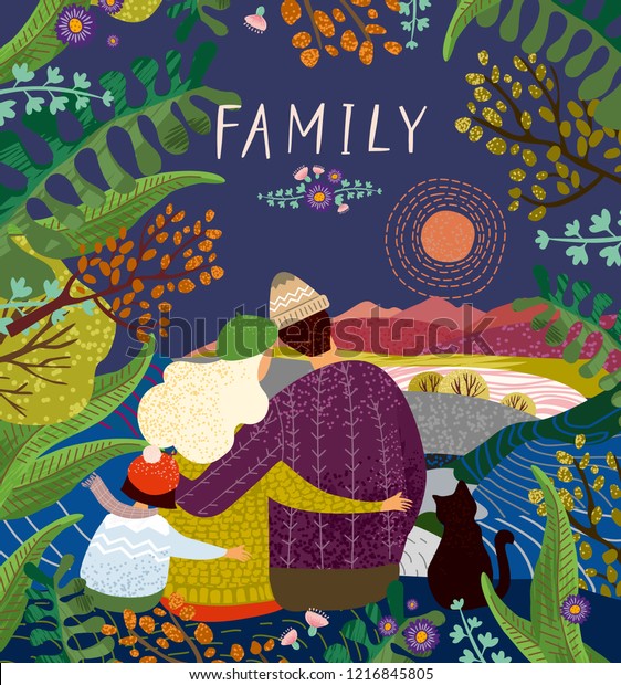 夕暮れや夜の自然に浮かぶ幸せな家族のベクター画像かわいいイラスト 母と父と子は 美しい夏 秋 春の風景 を受け入れて楽しむ のベクター画像素材 ロイヤリティフリー