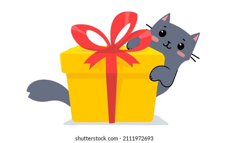 Imagen vectorial linda del gatito gris alegre salir de la caja de regalo con fondo de color blanco. Diseño plano del personaje de gato animal con presencia para banner, afiche, tarjeta de saludo