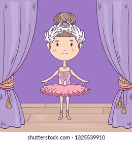 Vector cute illustration of a happy little  ballerina on stage 