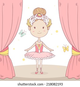 Vector cute illustration of a happy little  ballerina on stage