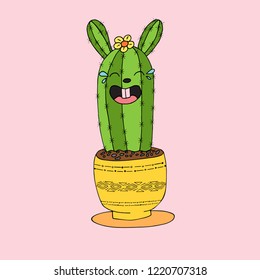 Vector cute  illustration of hare cactus with rabbit's ears, teeth, happy smile in the yellow patterned flowerpot with ethnic ornament, lol bunny, funny cartoon character