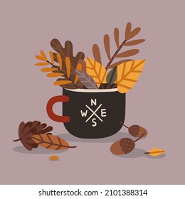 Vector cute illustration hiking cup, autumn leaves, branches and acorns 
