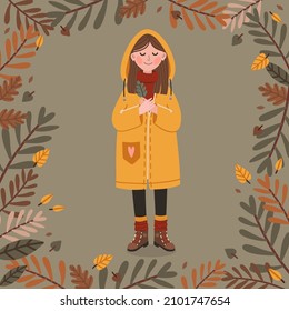 Vector cute illustration with hiking girl and forest leaves