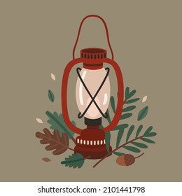 Vector cute illustration with hiking lamp and forest leaves