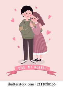 Vector cute illustration with cute huging lovers and hearts