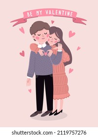 Vector cute illustration with cute huging lovers and hearts