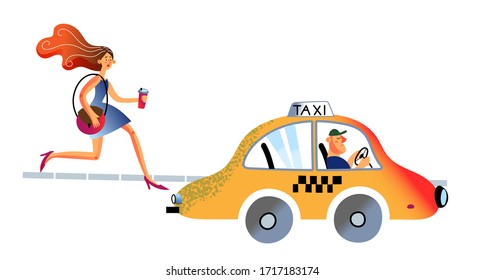 Vector cute illustration of hurry citizen woman. Character young girl running and catching yellow taxi. Passengers transportation service, modern urban lifestyle, businesswoman, road traffic concept
